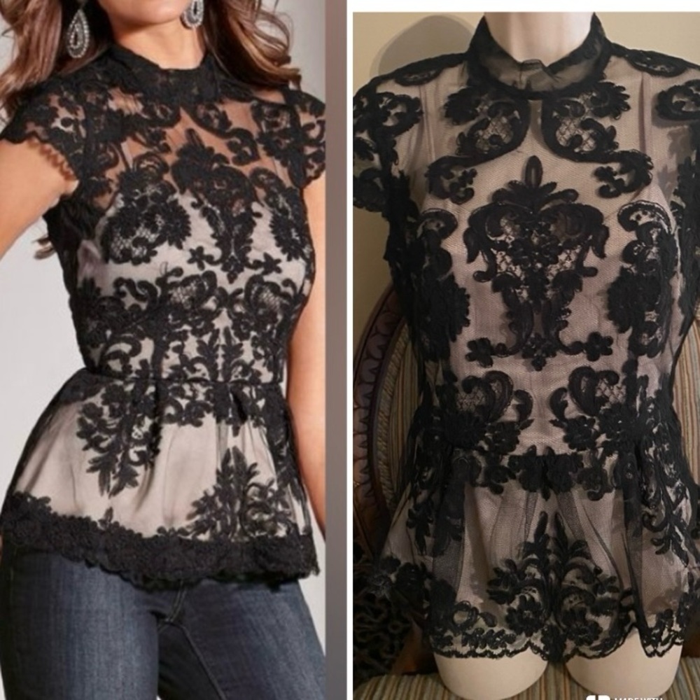 Boston Proper Black Lace Peplum Blouse